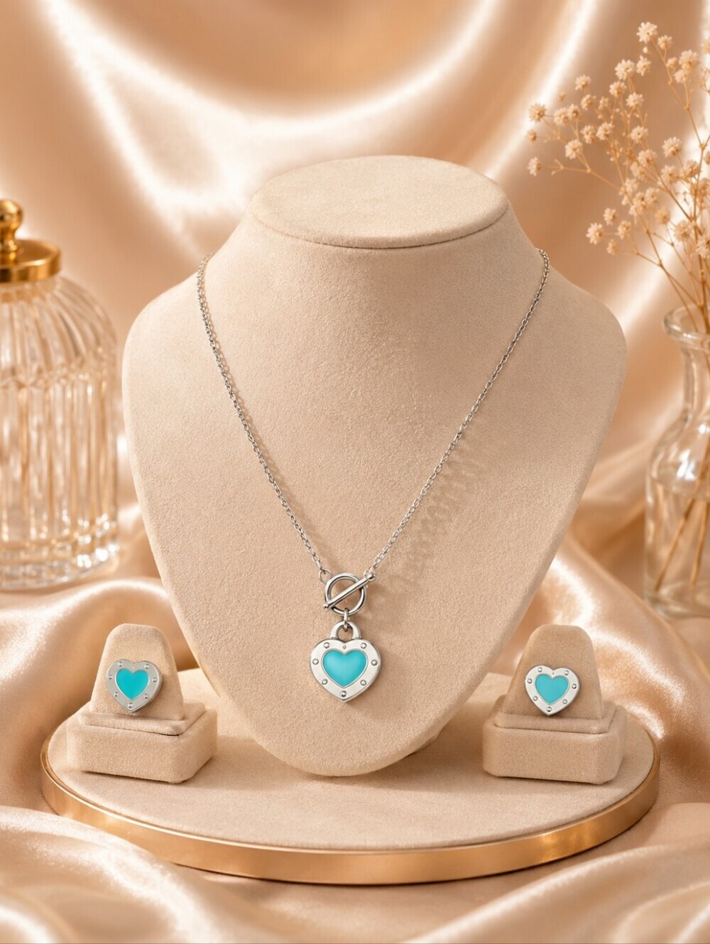 Silver Heart Pendant Necklace & Matching Heart Stud Earrings Set | Turquoise Ena